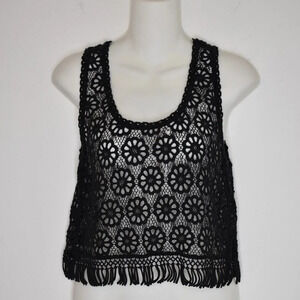 Boho Hippie Sz S Black Crochet Floral Cropped Tank Top Cover Up Fringed